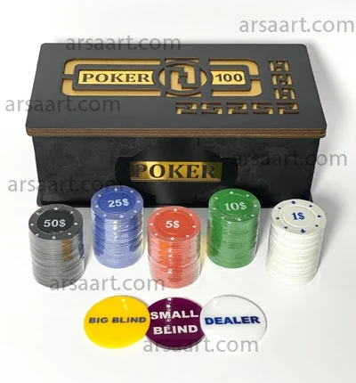 چیپ 100 تایی بازی پوکر جعبه چوبی | مناسب دورهمی و سرگرمی | آرسا آرت